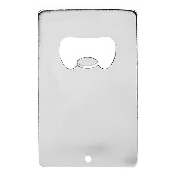 A silver aluminum credit card shaped bottle opener with a hole in the middle.