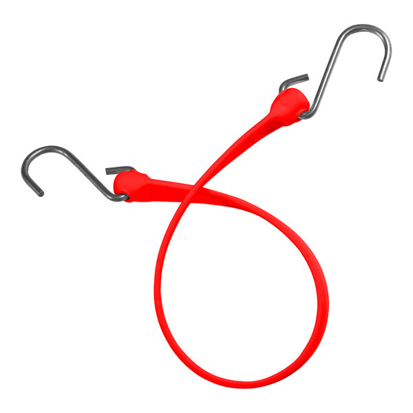 A red rubber Better Bungee strap with stainless steel S hooks.