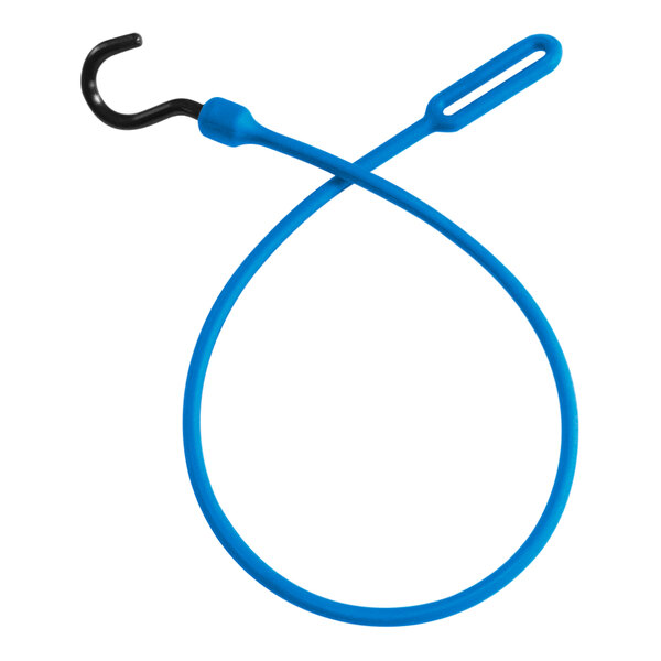 A blue Better Bungee polyurethane cord with nylon hook end.