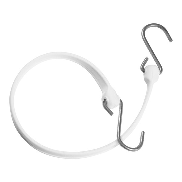 A white polyurethane Better Bungee strap with two white galvanized steel S hooks.