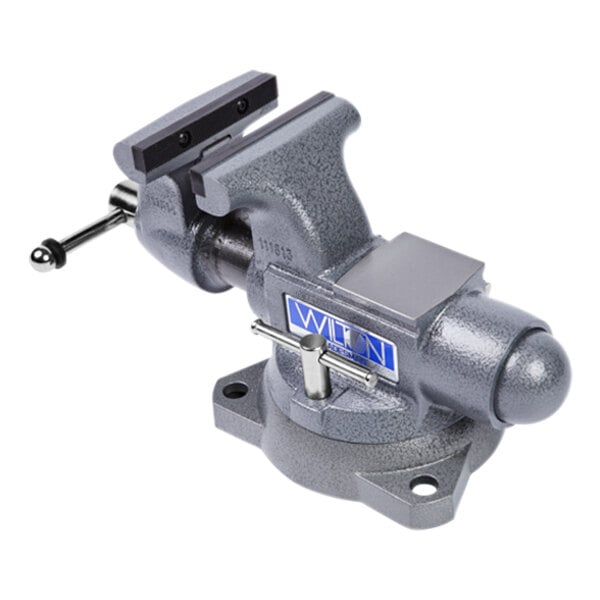 A grey metal Wilton Tradesman ductile iron vise with swivel base and blue label.