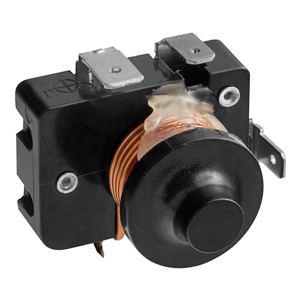 An Avantco start relay with a black and silver electrical switch and a wire.