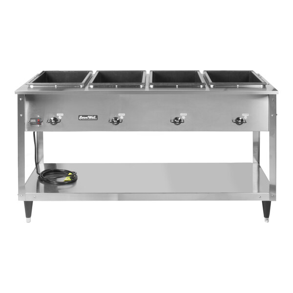 A stainless steel electric four-pan hot food table with sealed wells and a lower storage shelf.