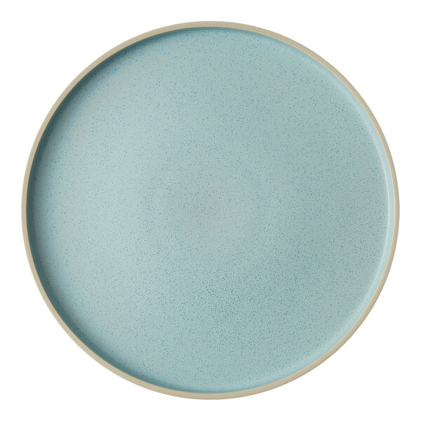 A Oneida Moira frosted blue stoneware plate with a white border.
