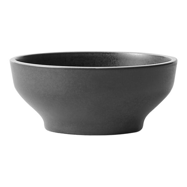 A close-up of a black Oneida Moira stoneware bowl on a white background.