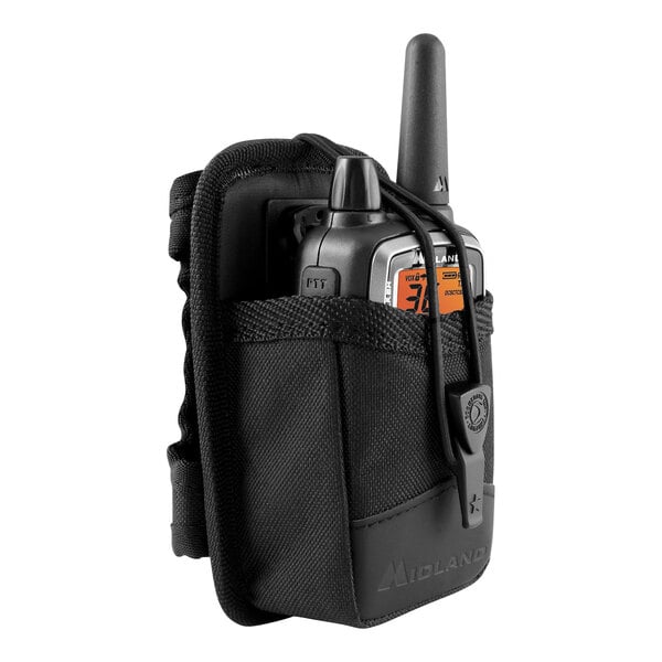 A black Midland BizTalk holster with two walkie talkies inside.