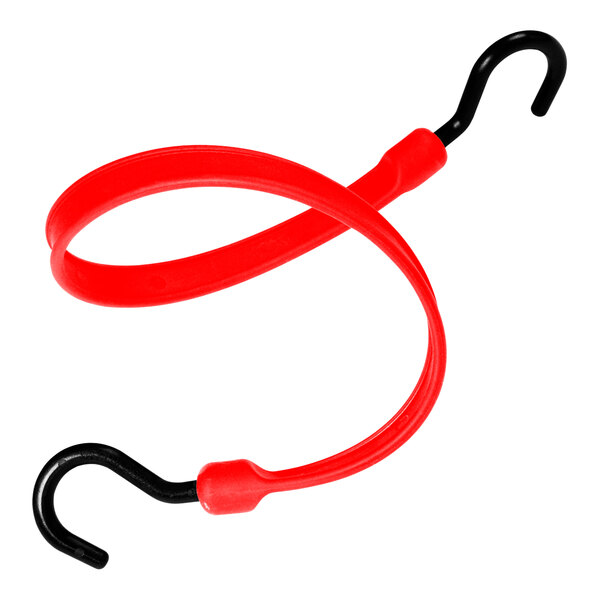 A red Better Bungee strap with overmolded black and red nylon hooks.