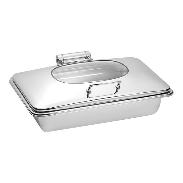 An Eastern Tabletop silver rectangular chafer with a glass lid.