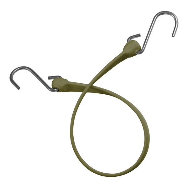 A military green Better Bungee strap with stainless steel S hooks.