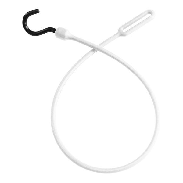 A white Better Bungee cord with a nylon and black hook.