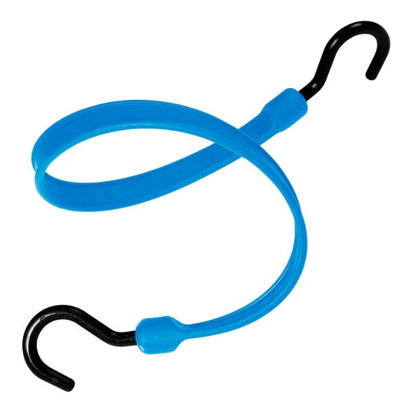 A blue Better Bungee polyurethane strap with two black nylon hooks.