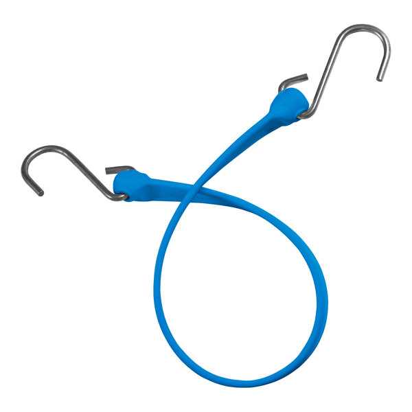 A blue rubber Better Bungee strap with stainless steel curved hooks.