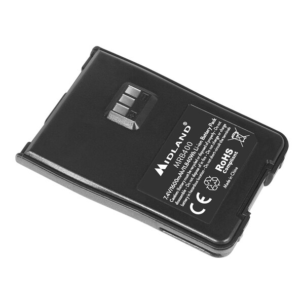 A black Midland BizTalk MRB400 Lithium-Ion battery with white text.