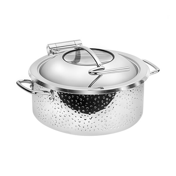 A silver stainless steel Eastern Tabletop Mini round chafer with a glass lid.