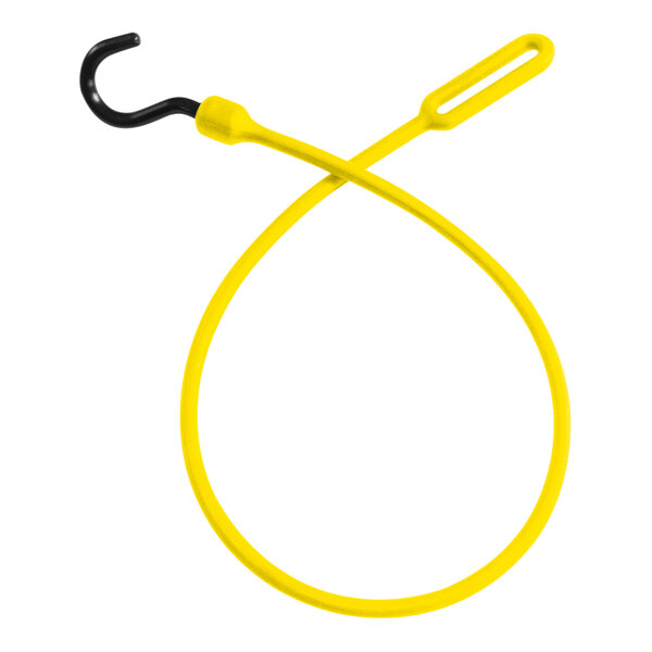 A yellow Better Bungee polyurethane cord with loop and hook ends.
