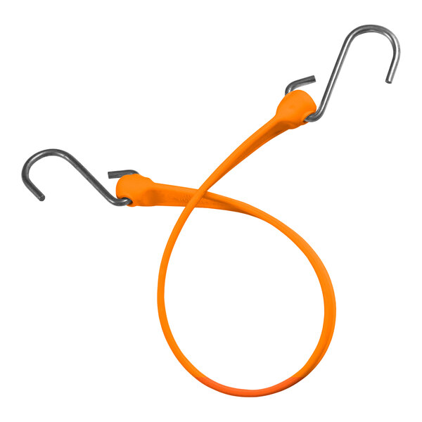 A pair of stainless steel hooks with orange polyurethane straps.