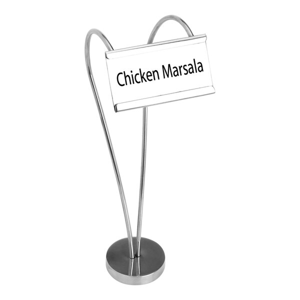 A stainless steel Eastern Tabletop card holder with a sign on it.