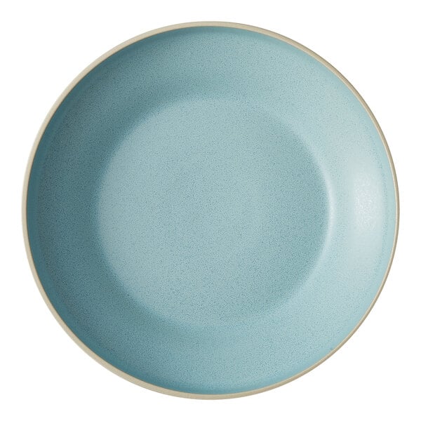 A Oneida Moira stoneware deep plate with a frosted blue finish and white rim.