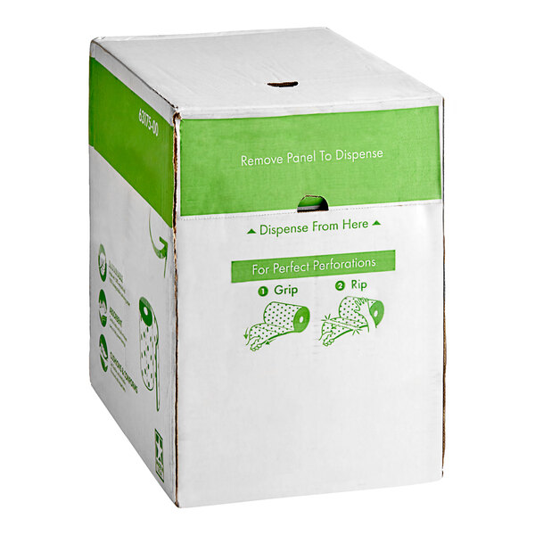 A white box with green labels for ecoMAX Care perforated packing paper.