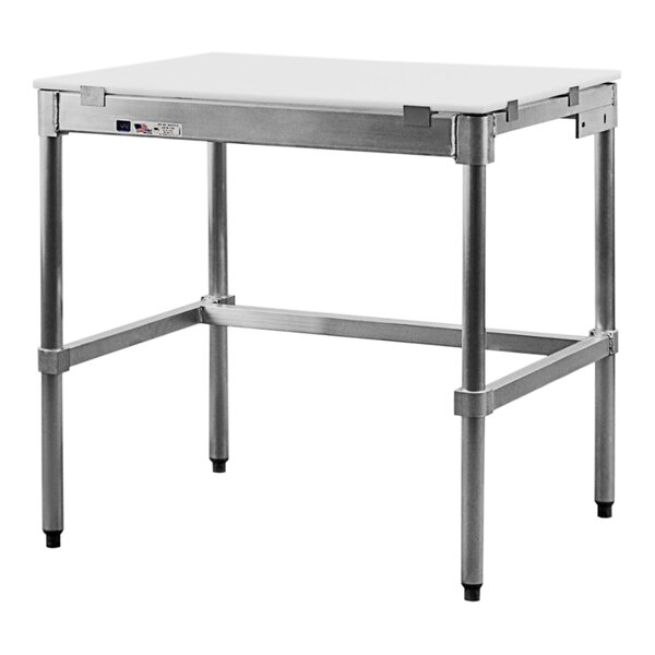 A white rectangular table with metal legs.