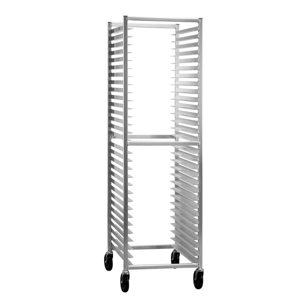 A New Age metal sheet pan rack with wheels.