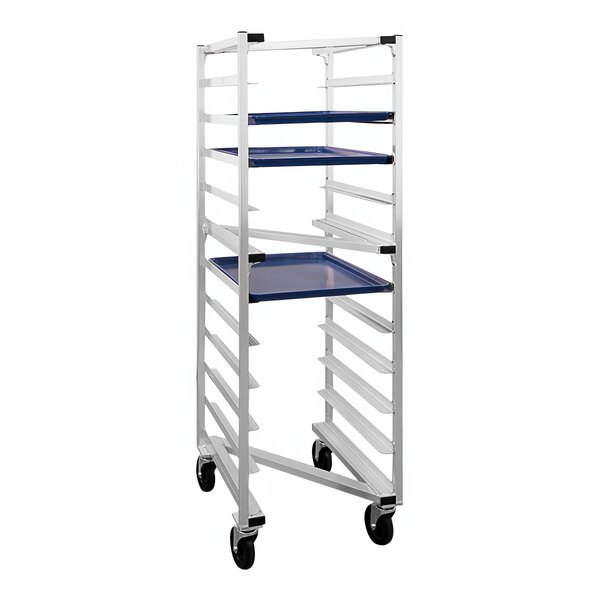 A white metal New Age Z-Type sheet pan rack with blue shelves holding a white tray.