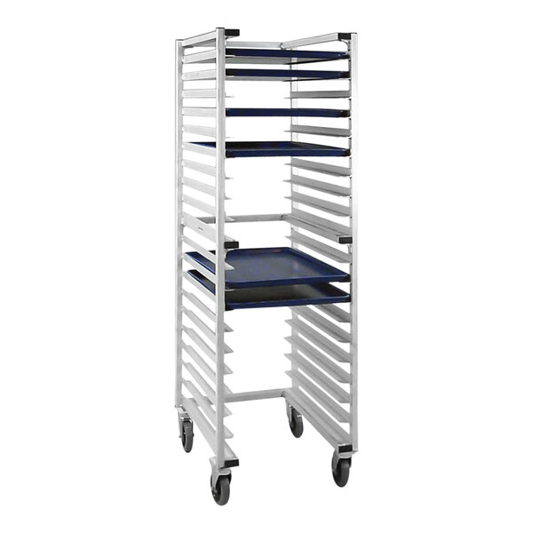 A New Age aluminum sheet pan rack holding trays.