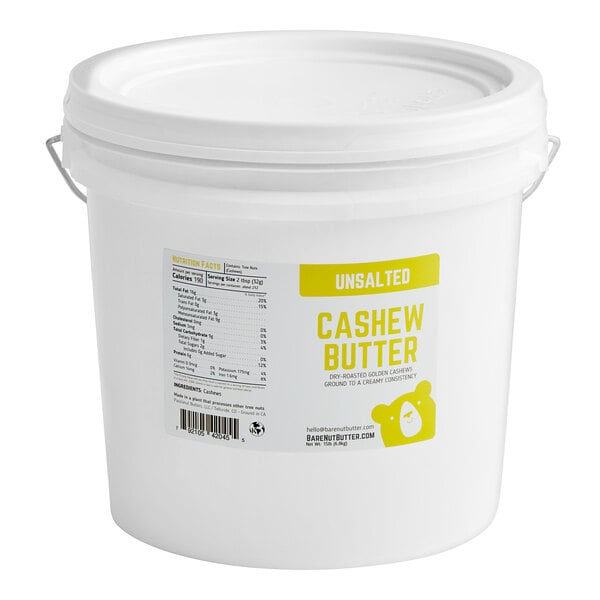 A white Bare Nut Butter bucket of Unsalted Cashew Butter with a white lid.