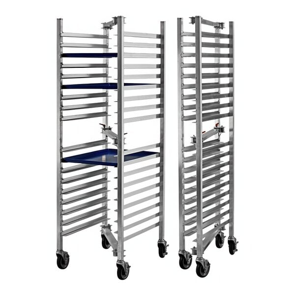 An aluminum New Age sheet pan rack holding blue trays.