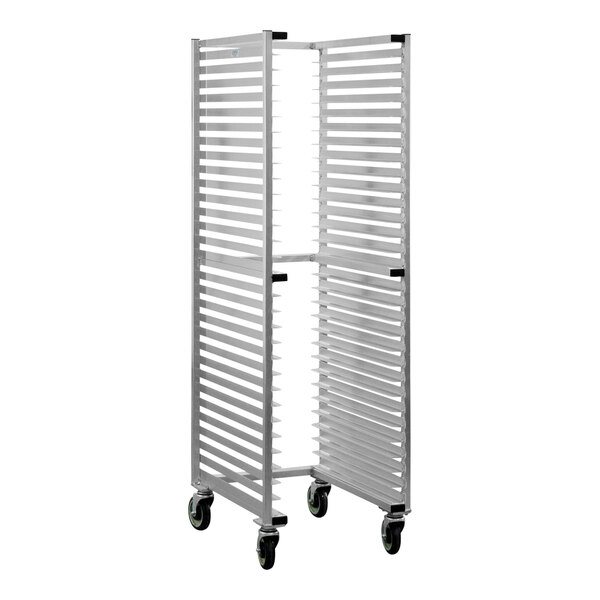 A New Age aluminum sheet pan rack with wheels.