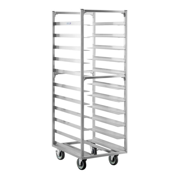 A New Age aluminum sheet pan rack with wheels.