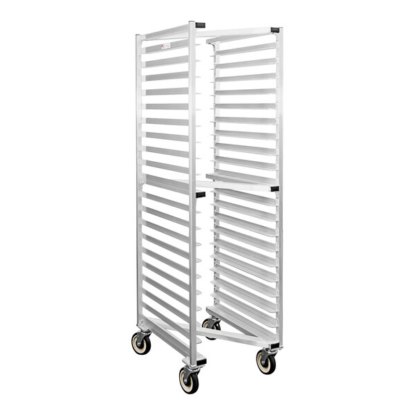 A New Age aluminum sheet pan rack with wheels.