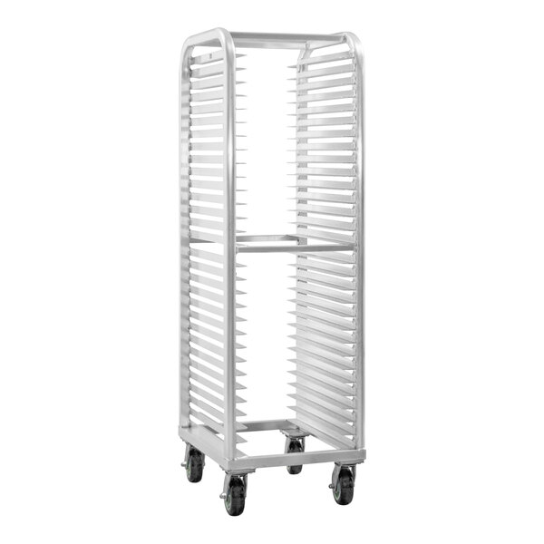 A white metal sheet pan rack with wheels.