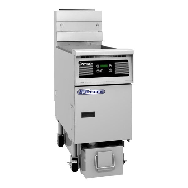 A large white Pitco Solofilter gas fryer with a black screen.