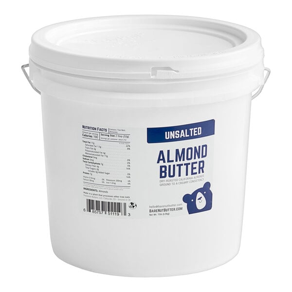 A white plastic container of Bare Unsalted Almond Butter.