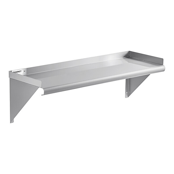 A metal wall-mounted shelf with a backsplash and rolled front edge, supported by two triangular brackets.