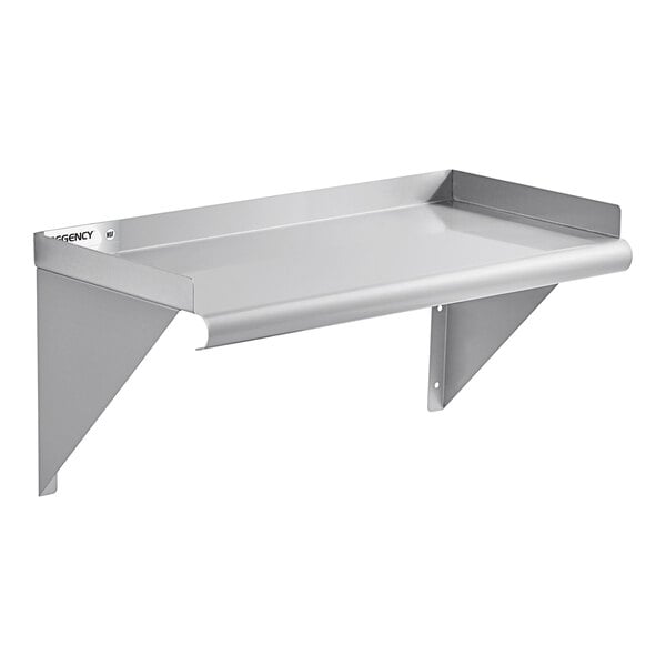 A metal wall-mounted shelf with a backsplash and rolled front edge, supported by two triangular brackets.