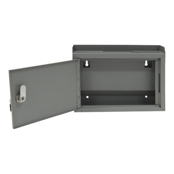 A gray steel wall mounted multi-purpose suggestion box with an open door.