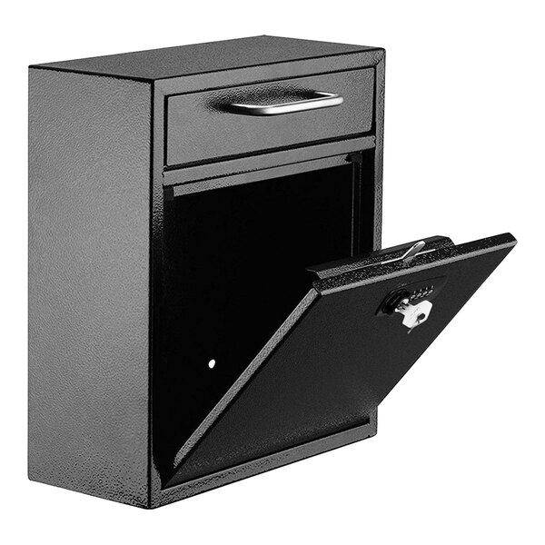 A black metal wall mounted drop box with key and combination lock.