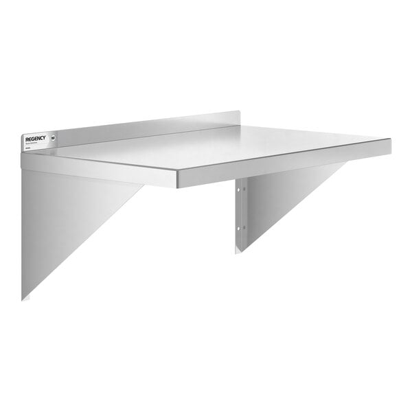 A metal wall-mounted shelf with two triangular supports and a raised back edge.