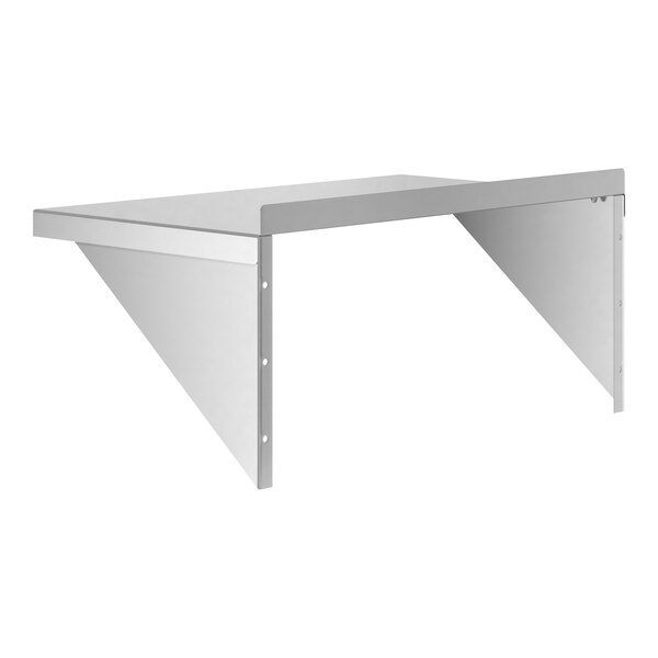 A metal wall-mounted shelf with triangular side supports and a flat top surface.
