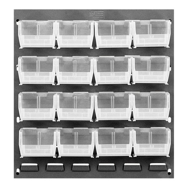 A gray Quantum louvered panel with clear plastic bins on it.