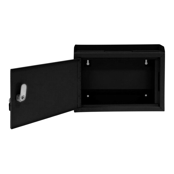 An open black steel wall mounted suggestion box.