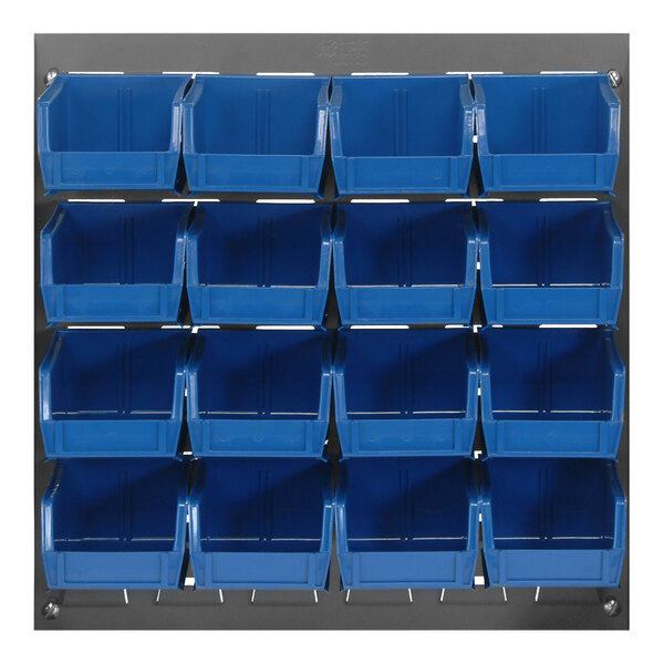 A Quantum gray louvered panel with blue bins on it.