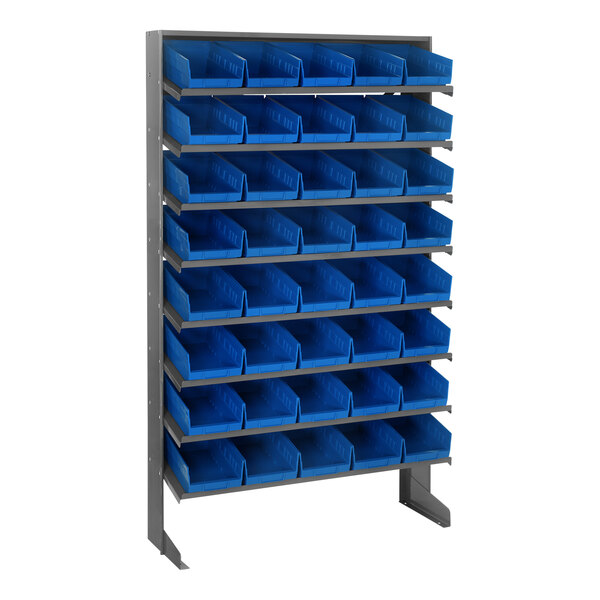 A blue Quantum rack with 8 shelves holding blue bins.