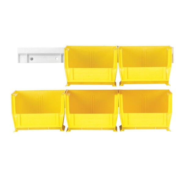 Quantum white plastic wall-mount storage rail with yellow bins on white surface.