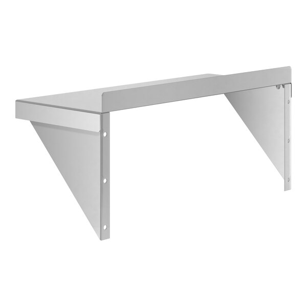 A metal wall-mounted shelf with two triangular support brackets and a flat rectangular surface.