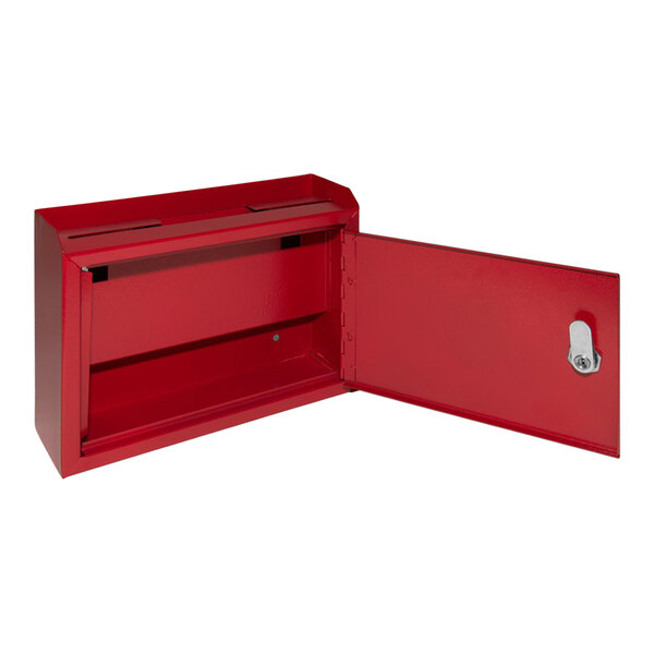 A red steel wall mounted suggestion box with an open door.