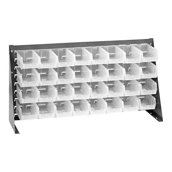 A gray steel bench rack with clear plastic bins on shelves.