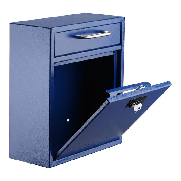 A blue steel wall mounted drop box with open door.